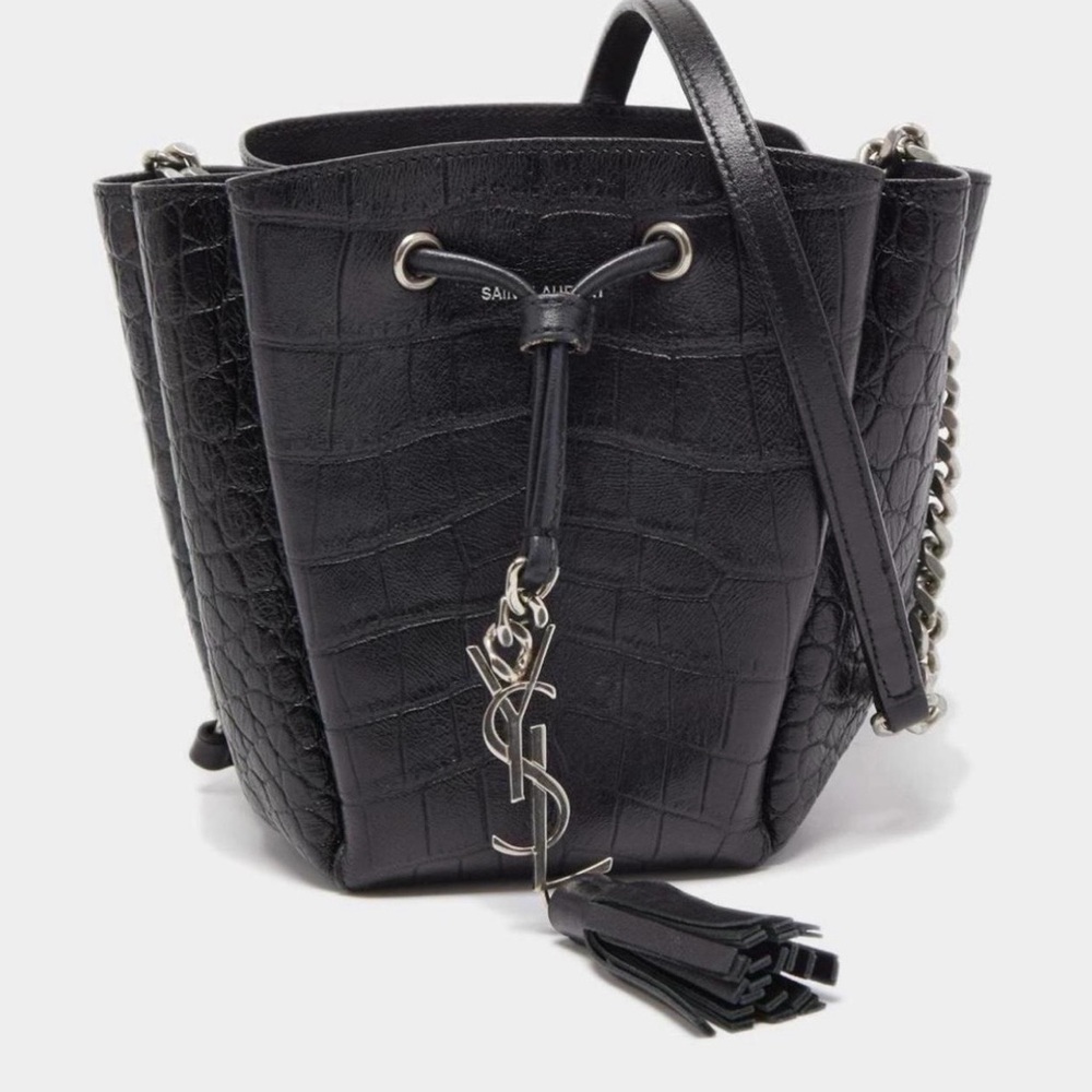 Saint Laurent Black Croc-Embossed Drawstring Crossbody Bag